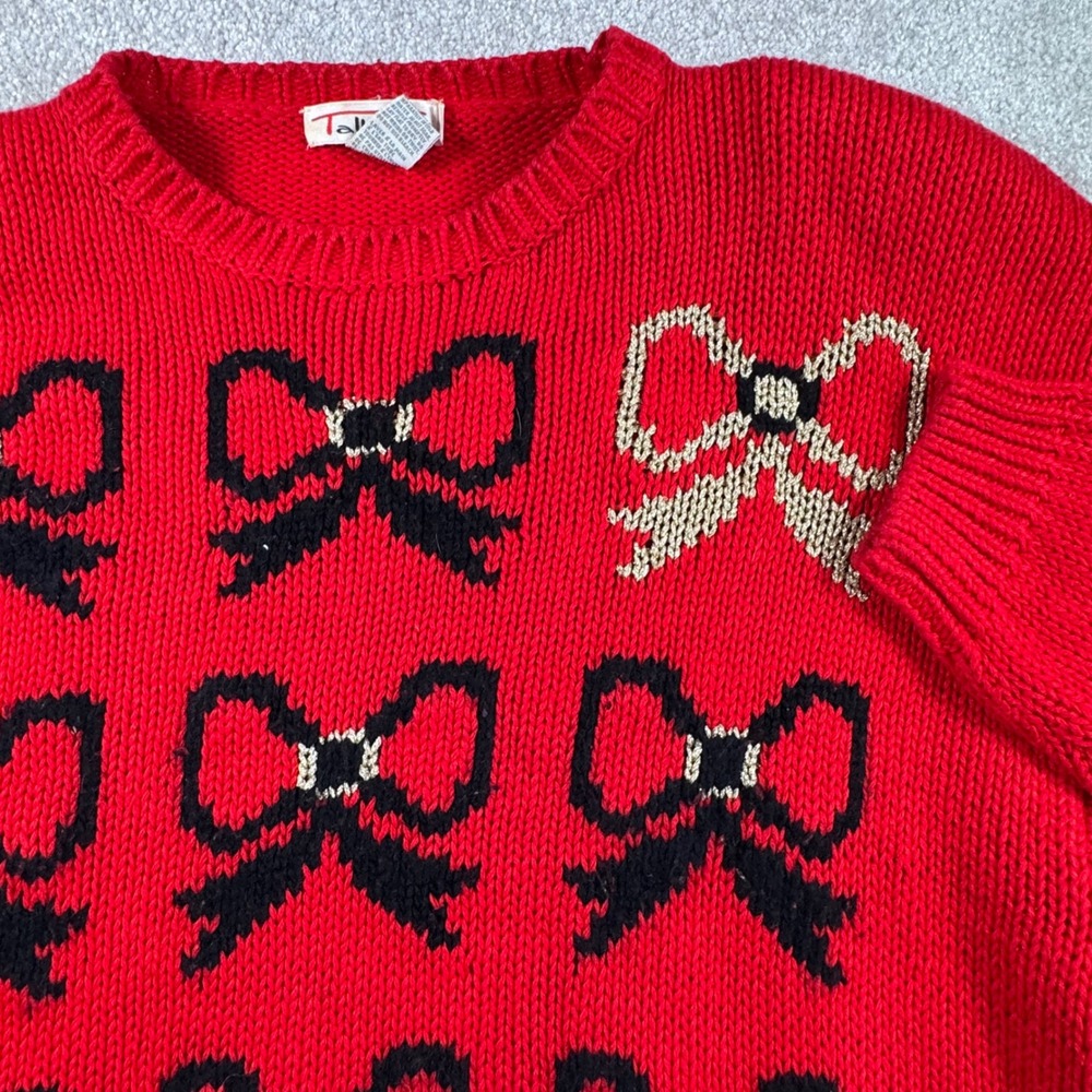 Talbots Vintage Red Bow Sweater Large Ramie Cotton Metallic Intarsia‎ L women's